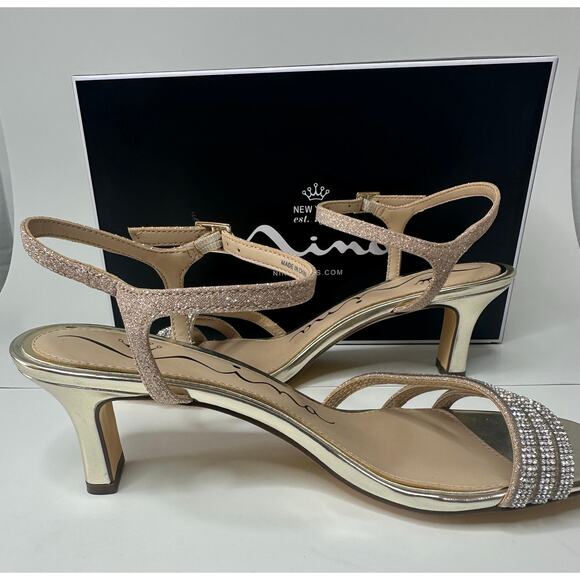 NiNA GOLD METALLIC CRYSTAL STRAPS MID-HEEL SANDALS ANKLE-STRAPS NUDE SIZE 8.5 - Picture 3 of 8